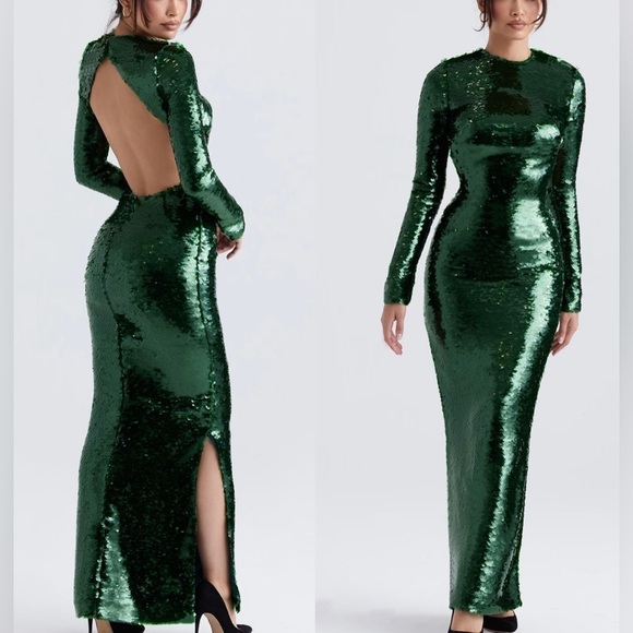 NWOT HOUSE OF CB Belle Pine Green Sequin Open Back Long Sleeve Maxi Dress sz L - Picture 1 of 6